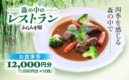 森の中のレストランふらんす屋 お食事券 12,000円分（1,000円分×12枚） ふるさと納税 食事券 チケット 森の中 レストラン テラス ドッグラン わんちゃんルーム 四季 自然 千葉県山武市 SMCB004 1899065 - 千葉県山武市