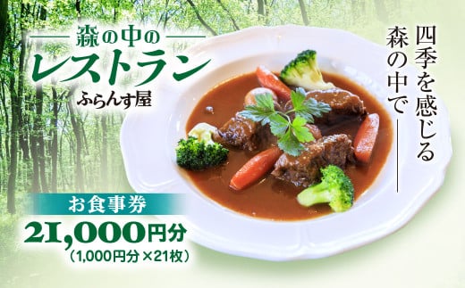 森の中のレストランふらんす屋 お食事券 21,000円分（1,000円分×21枚） ふるさと納税 食事券 チケット 森の中 レストラン テラス ドッグラン わんちゃんルーム 四季 自然 千葉県山武市 SMCB007 1899068 - 千葉県山武市