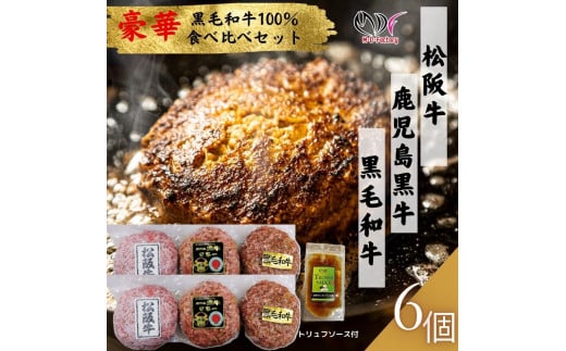 【ふるさと納税】【食べ比べ豪華セット】 松阪牛 ＆ 鹿児島黒牛 ＆ 黒毛和牛 100% ハンバーグ パティ 130g×6パック(各2パック)  トリュフソース付 1898487 - 東京都八王子市