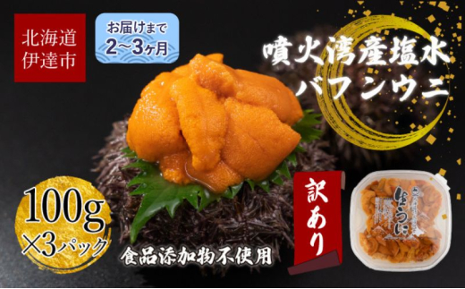 [№5525-0813]訳あり 北海道 噴火湾産 塩水 バフンウニ 100g 3パック 計300g うに ウニ 雲丹 海鮮 海の幸 魚介類 ウニ丼 お寿司 濃厚 無添加 産地直送 お取り寄せ 山村水産 送料無料 1274808 - 北海道伊達市 |