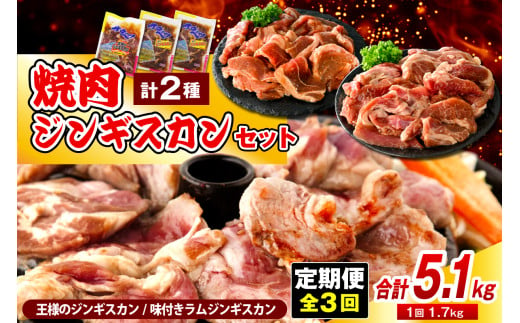 [定期便 3か月]焼肉ジンギスカンセット[王様のジンギスカン(味付きラムロース)1袋+味付きラムジンギスカン2袋] 計9袋 5.1kg