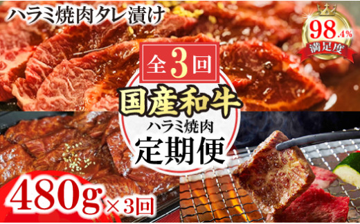 【定期便】定期便　和牛入国産牛　ハラミ焼肉　秘伝の自家製タレ漬け全３回【FO51U】