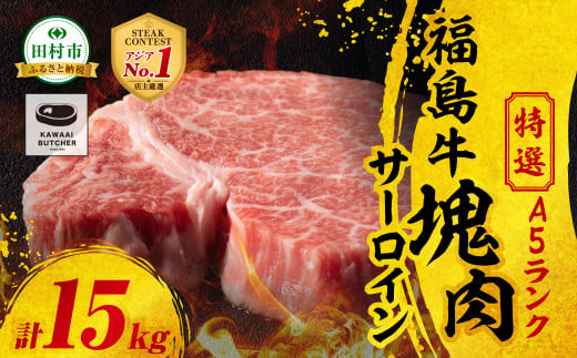 【 厳選 福島牛 A5 】塊肉 サーロイン 15kg スパイス付き ブロック肉 ステーキ BBQ ローストビーフ チャンピオンスパイス 高級肉 冷凍 保存 肉 牛肉 焼肉 贈答 ギフト プレゼント 人気 ランキング おすすめ グルメ イチオシ 福島県 福島 ふくしま 田村 田村市 たむら 川合精肉店