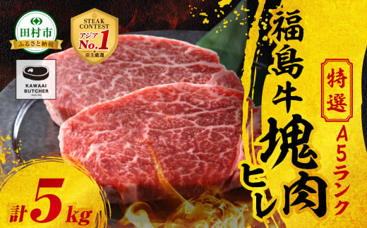 【 厳選 福島牛 A5 】塊肉 ヒレ 5kg スパイス付き ブロック肉 ひれ ヒレカツ ひれかつ ステーキ BBQ ローストビーフ チャンピオンスパイス 高級肉 冷凍 保存 肉 牛肉 焼肉 贈答 ギフト プレゼント 人気 ランキング おすすめ グルメ イチオシ 福島県 福島 ふくしま 田村 田村市 たむら 川合精肉店 1907261 - 福島県田村市