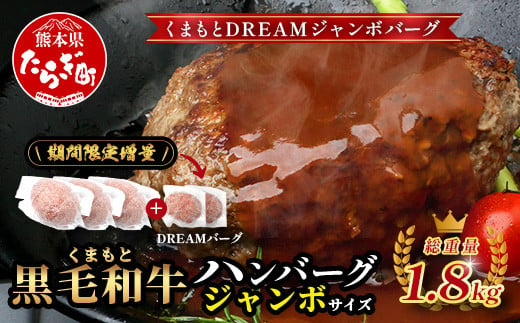 《R7.5・6・7月発送 限定 増量 》ビッグサイズ！くまもと 黒毛和牛 DREAMジャンボバーグ 500g×3個 + DREAMバーグ 150g×2個 【合計 1.8kg】牛肉 100％ 国産 大 ボリューム 生 ハンバーグ お祝い パーティ 熊本 ブランド牛 113-0535