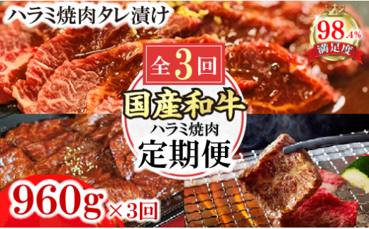 【定期便】定期便　和牛入国産牛　ハラミ焼肉　秘伝の自家製タレ漬け(480g×2)全３回【FO52U】
