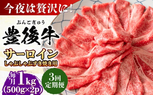 【全3回定期便】【厳選部位】おおいた豊後牛 サーロイン しゃぶしゃぶすき焼き用 1kg (500g×2P)日田市 / 株式会社MEAT PLUS　牛 うし 黒毛和牛 和牛 豊後牛 [AREI089] 1921268 - 大分県日田市