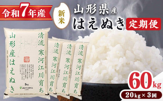 ＜ 2025年10月下旬より隔月3回 ＞【令和7年産 定期便】はえぬき計60kg！お米 定期便（20kg×3回）！清流寒河江川育ち 山形産はえぬき 2025年産　115-C-JA014-2025-10下 612465 - 山形県寒河江市