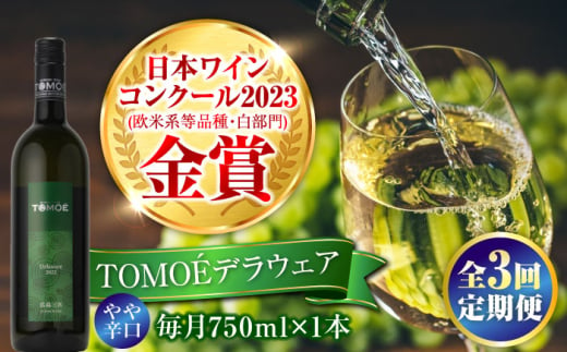 【全3回定期便】TOMOEデラウェア 白ワイン やや辛口 750ml 1本 白 ワイン 受賞 ギフト 醸造 おすすめ 三次市 / 広島三次ワイナリー [APAZ050] 1922081 - 広島県三次市