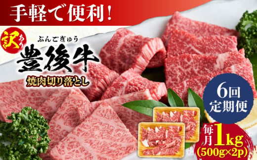 【全6回定期便】【訳あり】おおいた豊後牛 焼肉 切り落とし 1kg(500g×2P) 日田市 / 株式会社MEAT PLUS　牛 うし 黒毛和牛 和牛 豊後牛 [AREI135]