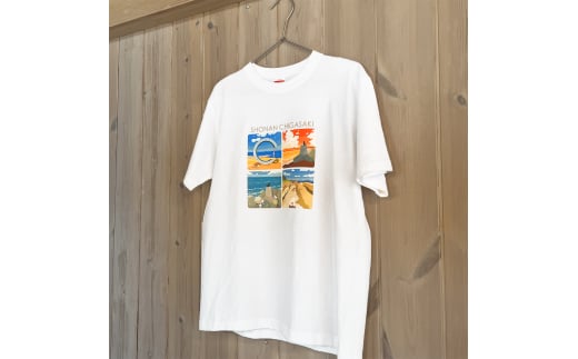 湘南・茅ヶ崎で描く、海を感じるイラストアート 『湘南ランドスケープ：Tシャツ』 風景 犬 猫 景色 デザイン ビーチ 海辺 サザンC Lサイズ