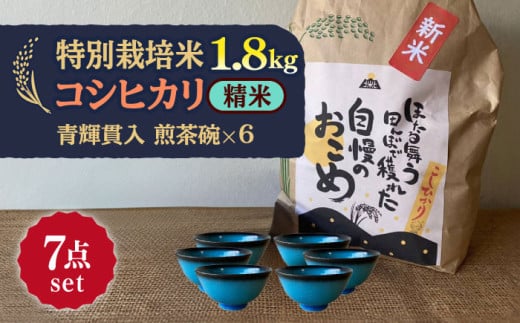 【令和6年産新米】 精米 コシヒカリ 特別栽培米 （1.8kg）+ 【美濃焼】 青輝貫入 煎茶碗 （6個） 【山松加藤松治郎商店】 [TEU063] 1921547 - 岐阜県多治見市