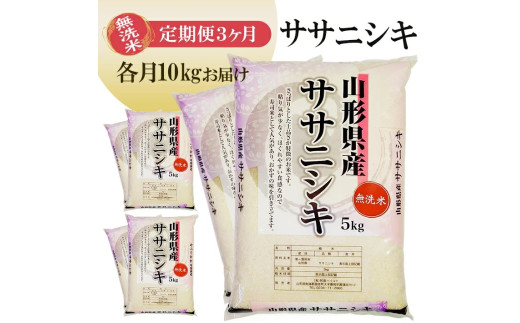 1263T12　【定期便】無洗米ササニシキ10kg×3ヶ月連続（12月～2月）
