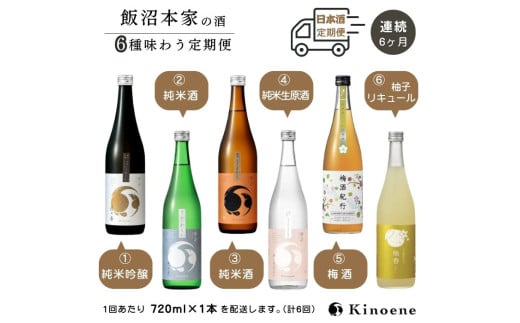 kinoene 日本酒 いろいろ味わう定期便（ はなやか / やわらか / うまから / 純米生原酒 / 梅酒 / 柚子酒 ）を順にお届け 720ml 瓶 日本酒 / 日本酒リキュール 飲み比べ 定期便［連続6ヶ月］ひと月1本お届け 合計6本