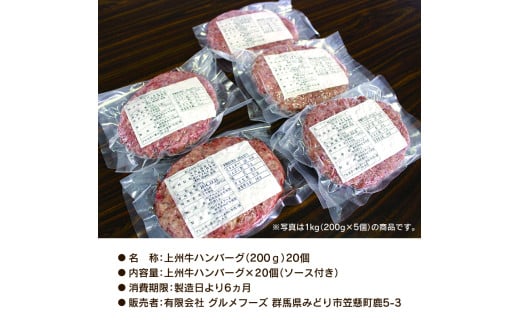 群馬県みどり市のふるさと納税 【195】 生冷凍 上州牛ハンバーグ4kg（200g×20個）