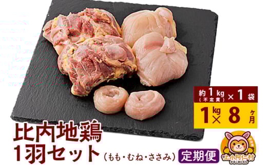 【定期便8ヶ月】比内地鶏 1羽セット(もも・むね・ささみ) 約1kg(不定貫約1kg×1袋) 1キロ 国産 冷凍 正肉 鶏肉 鳥肉 1936666 - 秋田県上小阿仁村