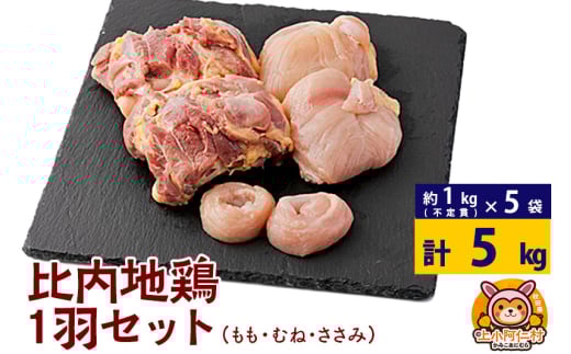 比内地鶏 1羽セット(もも・むね・ささみ) 約5kg(不定貫約1kg×5袋) 5キロ 国産 冷凍 正肉 鶏肉 鳥肉 1936707 - 秋田県上小阿仁村