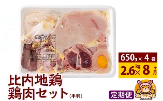 【定期便8ヶ月】比内地鶏 鶏肉セット(半羽) 2.6kg(650g×4袋) 2.6kg 国産 冷凍 鶏肉 鳥肉 とり肉 1936762 - 秋田県上小阿仁村