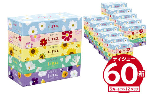 エリエール i:na（イーナ）ティシュー　150W5P×12パック 【  ボックス ティッシュ ペーパー 箱ティッシュ  岐阜県 可児市 日用品 新生活 備蓄 防災 消耗品 生活雑貨 生活用品 ストック パルプ100％ 】 947315 - 岐阜県可児市