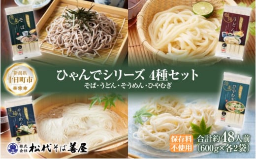 ひゃんで 乾麺4種セット 600g 各2袋 計8袋 約48人前 そば うどん そうめん ひやむぎ  蕎麦 饂飩 素麺 冷や麦 麺 乾めん 自家用 お中元 お歳暮 贈り物 お取り寄せ 備蓄 保存 便利 ギフト 松代そば善屋 新潟県 十日町市