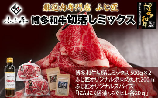 【厳選肉専門店 ふじ匠】 博多和牛 博多和牛切落し ミックス（お肉ソムリエ開発焼肉のたれ＆肉専用スパイス2種付）肉 牛肉 博多和牛 もも肉 ウデ肉 タレ 福岡 グルメ 贈り物 冷凍 ギフト 柔らかい 1963652 - 福岡県田川市