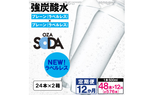 【定期便12回】OZA SODA 強炭酸水500ml×48本×12か月 計576本[ラベルレス(プレーン)]  FY24-243