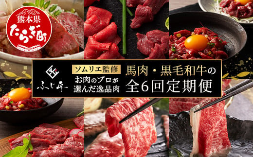 【定期便6回】お肉ソムリエ監修 馬肉・黒毛和牛 定期便 熊本県 ( 馬刺し 赤身 ユッケ 食べ比べ / くまもと黒毛和牛 焼肉・しゃぶしゃぶ・牛まぶし ) ソムリエ セレクト 本場 熊本県 馬肉 牛肉 黒毛和牛 馬刺し 肉 食べ比べ 104-0502