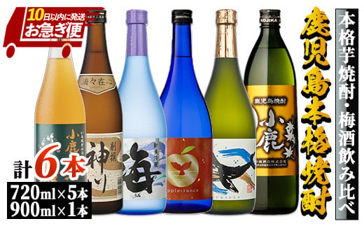 2861 【お急ぎ便】【家族で飲み比べ】鹿児島本格芋焼酎・梅酒のお手軽な6本セット　大海酒造・小鹿酒造・神川酒造【本格焼酎 焼酎 芋焼酎 梅酒 梅 ロック お湯割り ソーダ割 水割り 飲み比べ 常温 常温保存 お急ぎ便】 1996061 - 鹿児島県鹿屋市