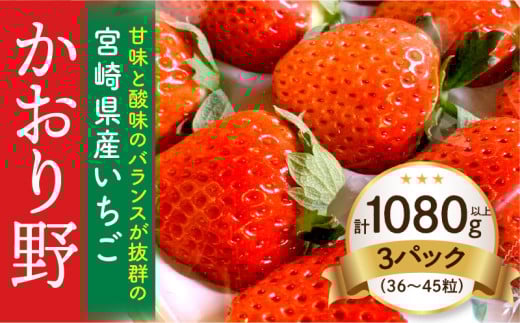 【期間・数量限定】宮崎県産いちご「かおり野」3パック（計1080g以上：36粒～45粒）_M260-014