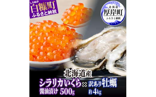 北海道産 牡蠣 約4kg 訳あり × 厚岸産北海道産 シラリカいくら 【醤油漬け】 500g (250g×2)  海鮮 セット いくら イクラ 牡蠣 生牡蠣 カキ 殻付き 海鮮 生食用 海鮮 海鮮丼 魚介 貝 厚岸町 白糠町 [№5863-1247]