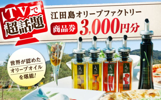 『江田島オリーブファクトリー』 商品券 3000円分（1000円分×3枚） オリーブオイル 食用油 国産 広島県産 江田島市/山本倶楽部株式会社 [XAJ094]オリーブオイル エキストラバージン 油 国産 広島県産 贈答 ギフト オリーブオイル 1975330 - 広島県江田島市