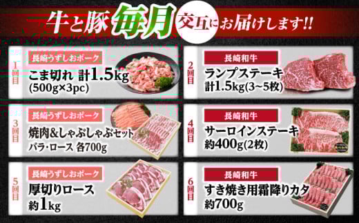 長崎和牛 うずしおポーク 定期便  肉 食品 肉類 国産 和牛 牛肉 豚肉  ロース 豚こま 霜降り ステーキ ブランド牛 
