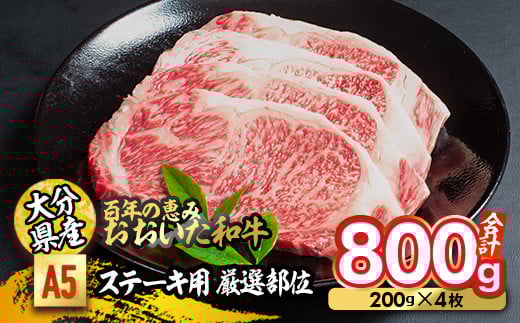 百年の恵み おおいた和牛 A5 ステーキ用 厳選部位 (計800g・200g×4枚) 国産 牛肉 肉 霜降り ロース 肩ロース サーロイン 和牛 ブランド牛 ステーキ 冷凍 大分県 佐伯市 【FS08】【 (株)トキハインダストリー】 532442 - 大分県佐伯市