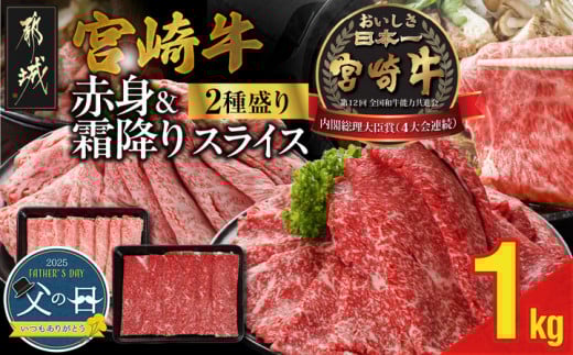【父の日】宮崎牛スライス2種セット500g×2パック≪6月12日～15日お届け≫_17-N201-FG_(都城市) 赤身 霜降り スライス 食べ比べ 肩ロース ウデ モモ すき焼き しゃぶしゃぶ 焼きしゃぶ 贈答