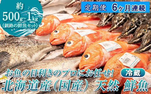 [定期便 6ケ月連続] お魚の目利きのプロにお任せ!北海道産(国産) 天然 鮮魚 約500g〜1kg(釧路の鮮魚セット) 産地直送 冷蔵 冷蔵便 スピード発送 刺身 セット 鮮魚セット 鮮魚ボックス 北海道 釧路町 釧路超 特産品