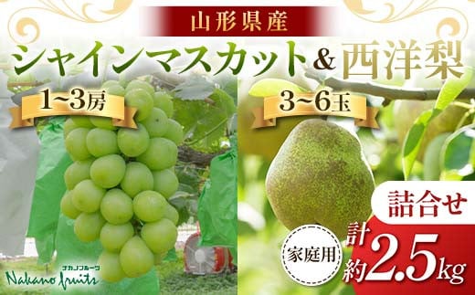 【仲野観光果樹園】≪2025年先行予約≫家庭用 山形県産 シャインマスカット 西洋梨 詰合せ 約2.5kg 2025年9月中旬から順次発送 F2Y-6143