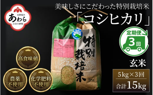 【先行予約】【令和7年産】《定期便3回》コシヒカリ 玄米 5kg （計15kg）特別栽培米 農薬不使用 化学肥料不使用 ／ 残留農薬ゼロ 高品質 鮮度抜群 福井県産 ブランド米 ※2025年9月下旬より順次発送予定 1983406 - 福井県あわら市