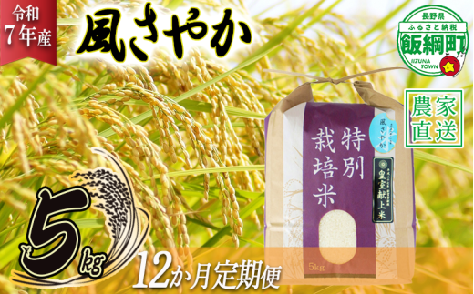 米 風さやか 5kg × 12回 【 12か月 定期便 】( 令和7年産 ) 特別栽培米 仲俣農園 2025年11月上旬頃から順次発送予定 オリジナル米 風 さやか 精米 お米 お弁当 おにぎり 信州 276000円 予約 農家直送 長野県 飯綱町 [0679] 240854 - 長野県飯綱町