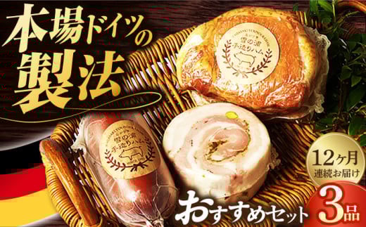 【国際大会金賞】【毎月3点×12回定期便】店主おすすめ セット 毎月3品（計36品） / 無添加ロースハム ビアシンケン ベリーロールブロック / 長与町 / 雪の浦手造りハム [EAM034] 無添加 ハム ロースハム 冷凍 おすすめ セット 定期便 定期 毎月