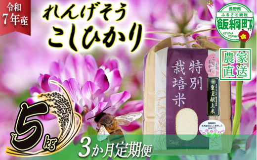 米 れんげそう こしひかり 5kg × 3回 【 3か月 定期便 】( 令和7年産 ) 特別栽培米 仲俣農園 2025年10月上旬頃から順次発送予定 コシヒカリ 白米 精米 お米 信州 79500円 予約 農家直送 長野県 飯綱町 [1926]