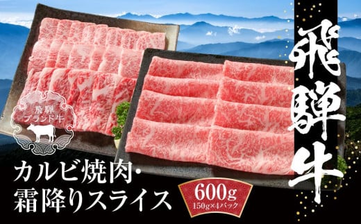 飛騨牛 カルビ(焼肉)・霜降りスライス 600g(150g×各2パック) 冷凍真空パック | 肉 お肉 焼肉 焼き肉 やきにく すき焼き すきやき しゃぶしゃぶ 黒毛和牛 和牛 個包装 小分け 人気 おすすめ 牛肉 ギフト お取り寄せ[飛騨高山ミート MZ016]