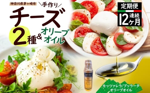 【ふるさと納税】12ヶ月定期便 フレッシュチーズ 2種 オリーブオイル セット モッツァレラ 100g 2個 ブッラータ 160g 1個 オリーブオイル 100ml チーズ おつまみ 送料無料 神奈川県 茅ヶ崎市 883715 - 神奈川県茅ヶ崎市