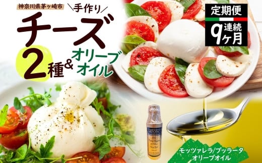 【ふるさと納税】9ヶ月定期便 フレッシュチーズ 2種 オリーブオイル セット モッツァレラ 100g 2個 ブッラータ 160g 1個 オリーブオイル 100ml チーズ おつまみ 送料無料 神奈川県 茅ヶ崎市 883714 - 神奈川県茅ヶ崎市