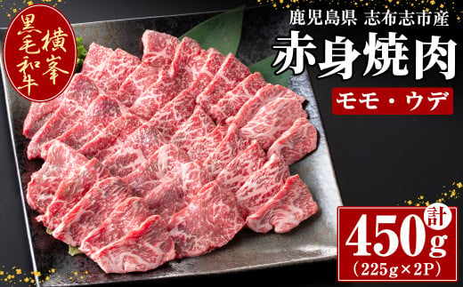 鹿児島県志布志市産横峯黒毛和牛の赤身焼肉(計450g・225g×2P) 鹿児島県産 国産 牛肉 牛 赤身 赤身肉 焼き肉 希少牛 手切り モモ ウデ バーベキュー BBQ b0-195 1016505 - 鹿児島県志布志市