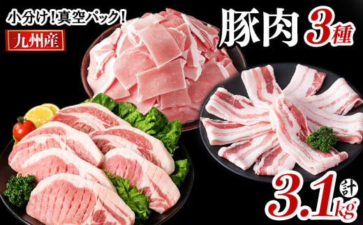 小分け・真空パック!九州産豚肉3種(計3.1kg) 小分け 真空パック 豚肉 豚 ロース バラ モモ ウデ バラエティ セット とんかつ とんてき 野菜炒め a5-319 1992883 - 鹿児島県志布志市