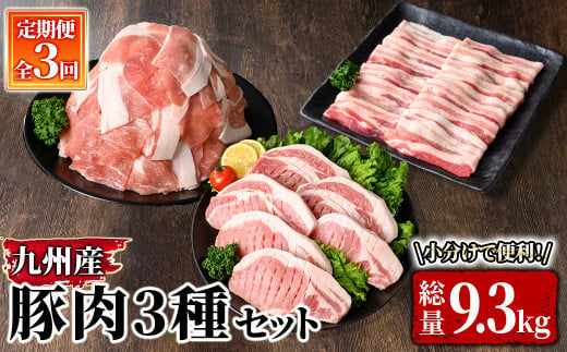 2897 【先行予約】【定期便】小分け・真空パック!九州産豚肉  ３回定期便（3.1kg 3種セット を 計３回 9.3kg お届け）【国産 豚肉 焼肉 真空包装 真空パック バラ スライス しゃぶしゃぶ ロース 生姜焼き とんかつ 定期便】 2000788 - 鹿児島県鹿屋市