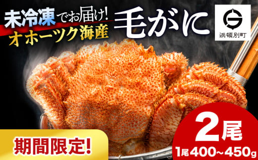 【期間限定】北海道産 毛がに 2尾 (１尾400g～450g)【株式会社シーグレイセス】浜頓別 塩茹で カニ