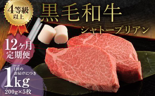 [12ヶ月定期便] くまもと 黒毛和牛 シャトーブリアン 1.0kg(200g×5枚) 牛肉 牛 肉