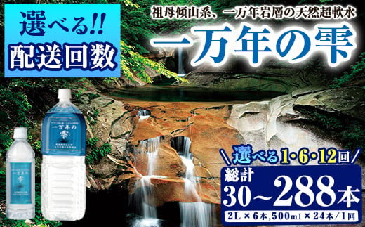 [内容量・お届け回数が選べる] ミネラルウォーター 一万年の雫 軟水 総計30本(500ml×24本,2L×6本)、総計180本・定期便6回(隔月)、総計360本・定期便12回(連続) 国産 お水 ミネラル 天然 健康 防災 常温 保存[BM85・BM86・BM87][(株)ウェルトップ]