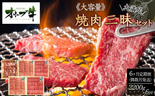 偶数月発送≪6カ月定期便・大容量≫オリーブ牛焼肉三昧大満足セット　2200g×6回